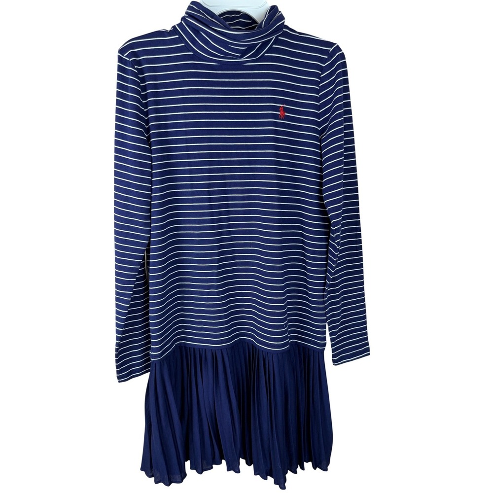 Polo Ralph Lauren Girls XL 16 Navy Striped Mock Neck Pleated Madison Dress NEW